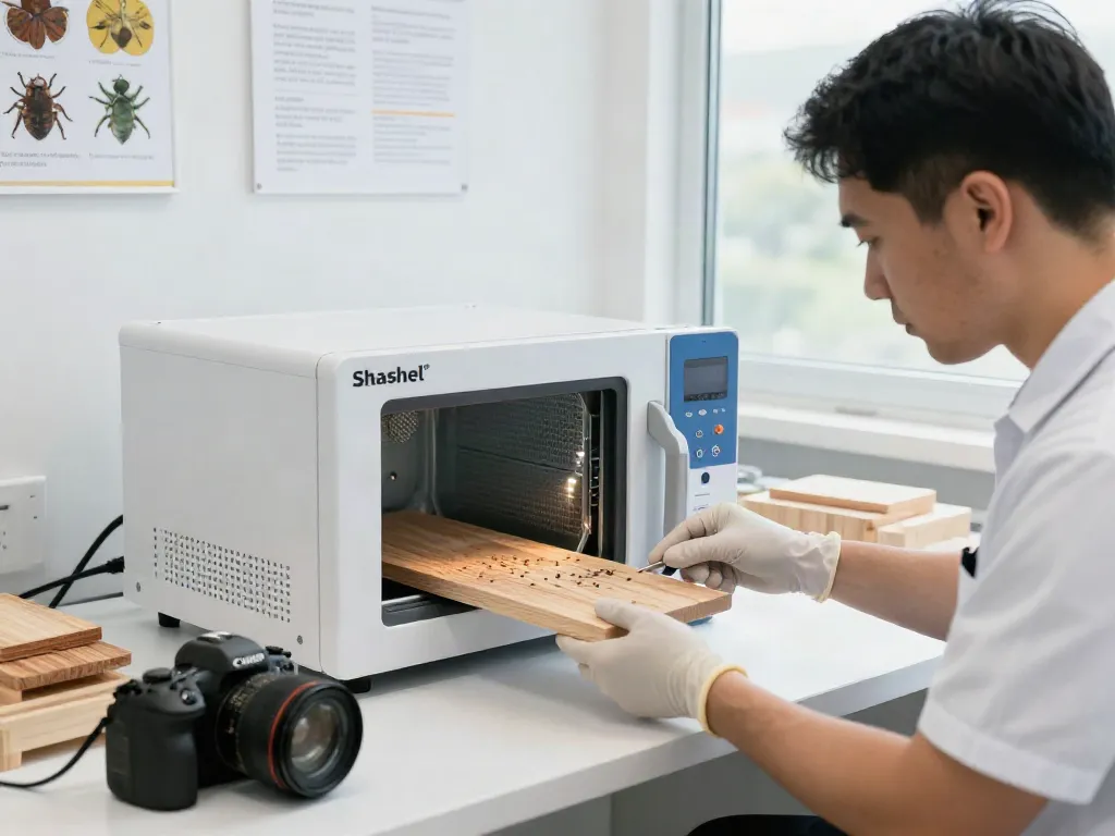 Shashel® innovative microwave system for eco-friendly woodworm elimination in a clean professional environment.