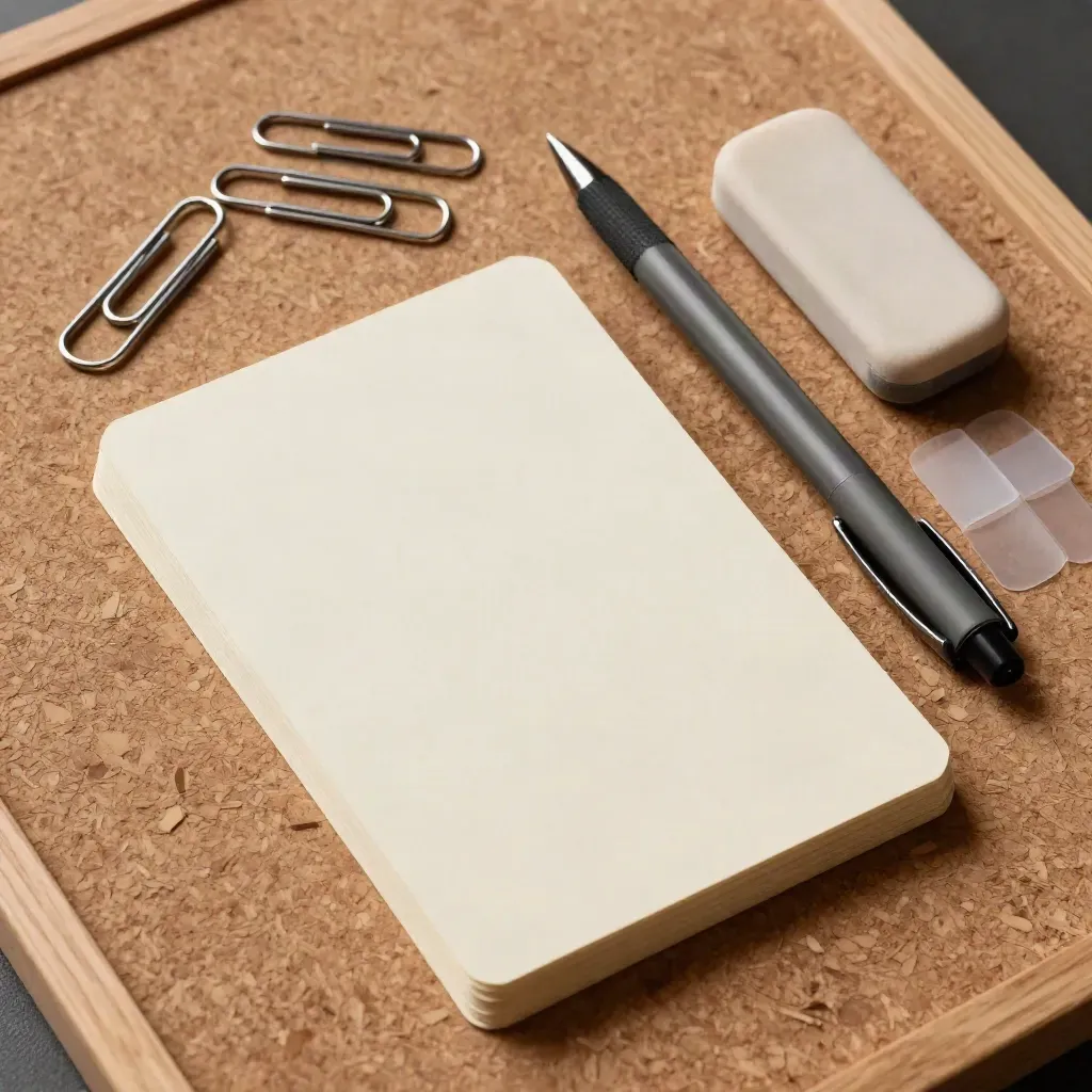 CBT toolkit with cards, clips, pen, eraser and tabs in a close textured overhead still life.
