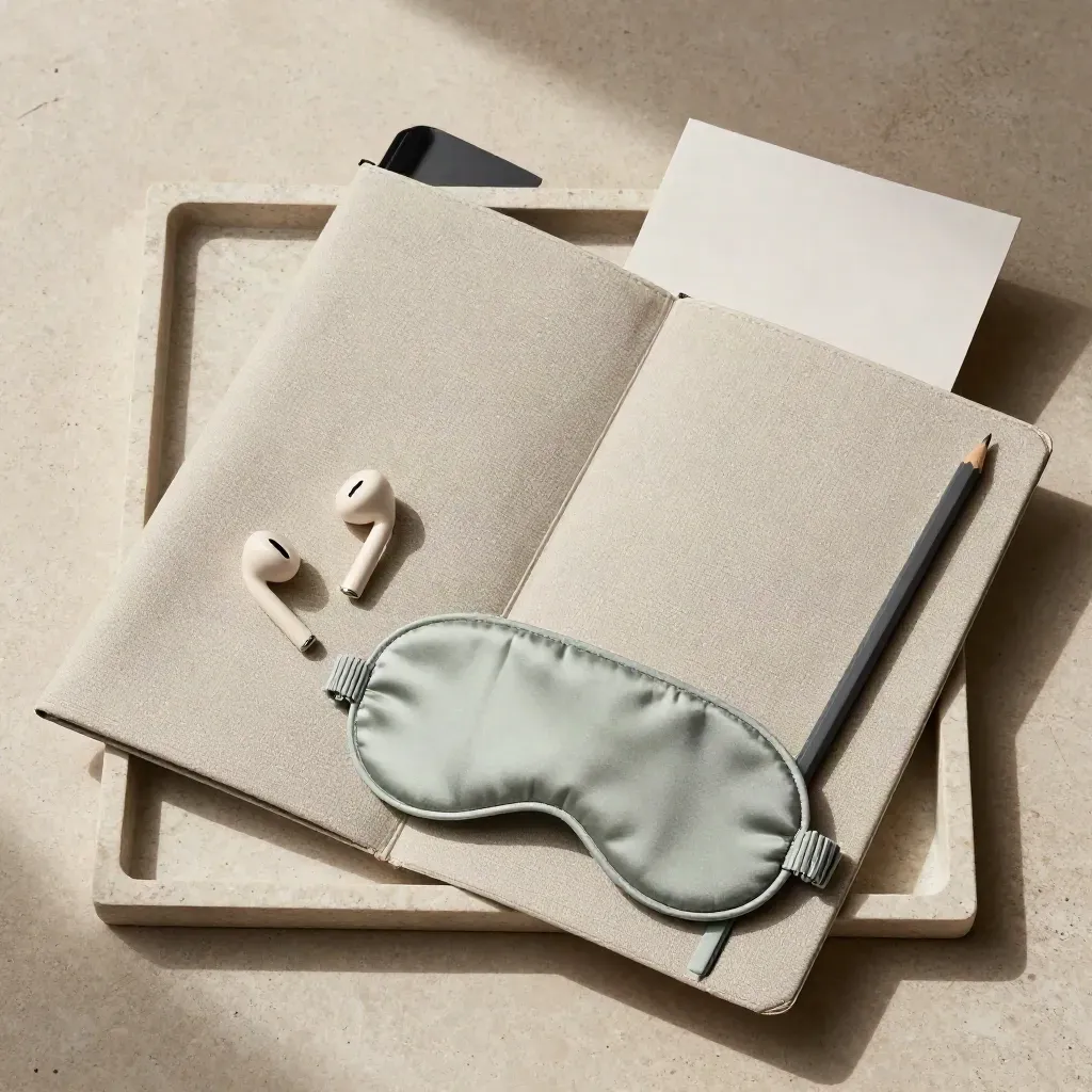 Overhead flatlay of a linen folder, earbuds, eye mask and pencil on a stone tray with soft sage accents