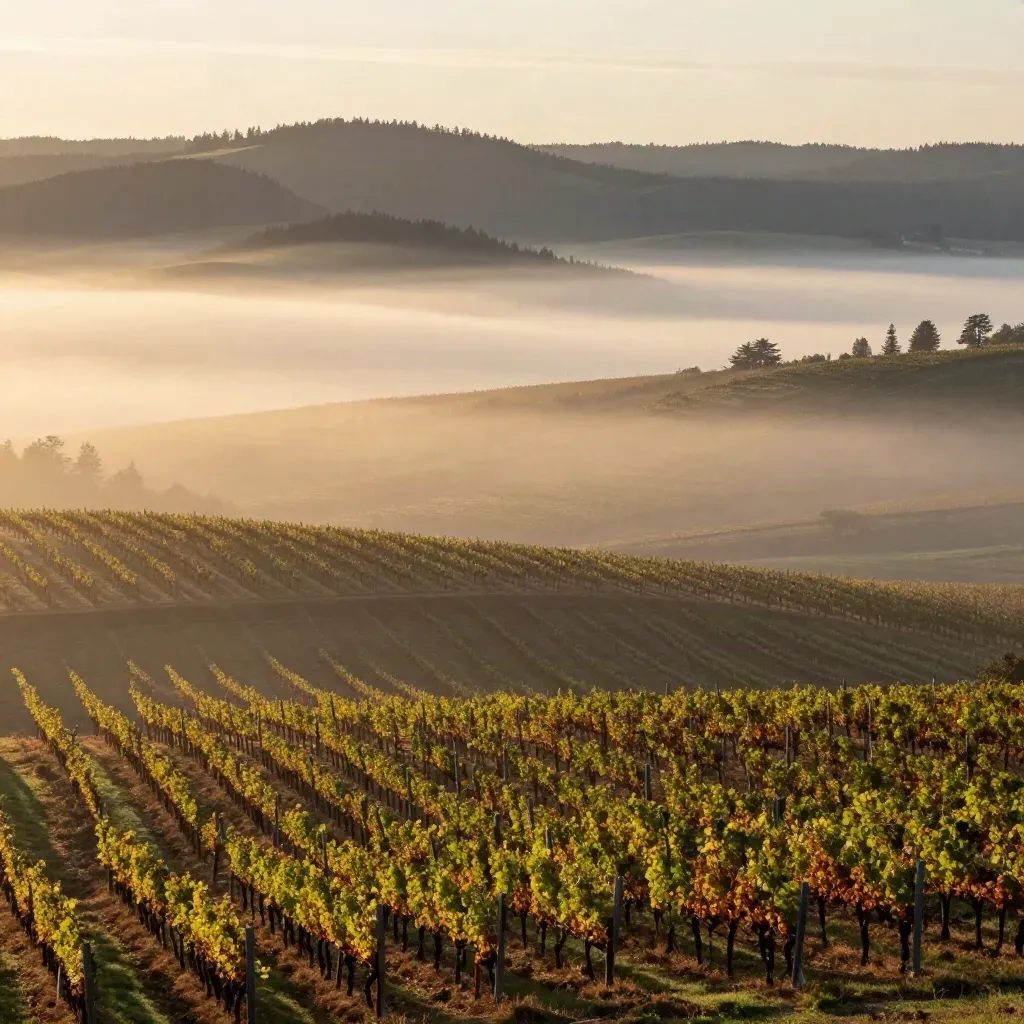 Willamette Valley vineyards in sunrise fog over low hills, calm open foreground.